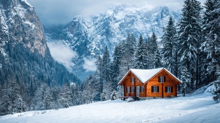 A wooden cabin nestled peacefully among snowy alpine mountains and trees