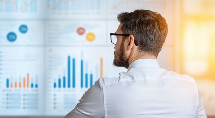 Fototapeta premium A professional man analyzes data visualizations displayed on a screen, focusing on graphs and statistics to inform decision-making.