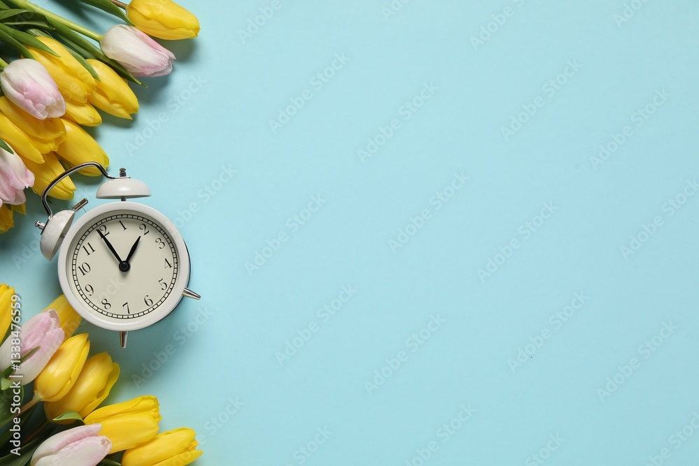 Poster spring time. alarm clock and beautiful tulips on light blue background, flat lay. space for text