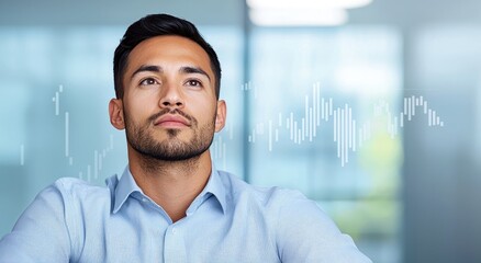 A focused man gazes upward, contemplating data trends represented by graphic overlays in a professional setting.