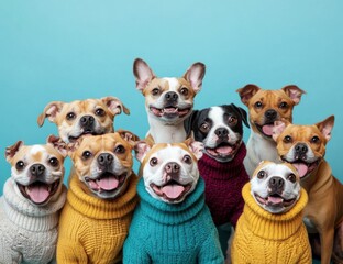 Fototapeta premium Happy dogs in colorful sweaters pose together against a bright blue background in a playful indoor setting