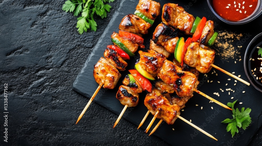 Poster a top-down view of yakitori skewers served on a black slate plate, accompanied by colorful dipping s
