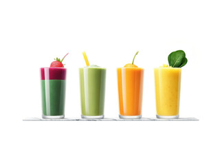 Glass bottles with vibrant pink (strawberry, beetroot), yellow (pineapple, mango), green (spinach, kale), and orange (carrot, orange) smoothies placed