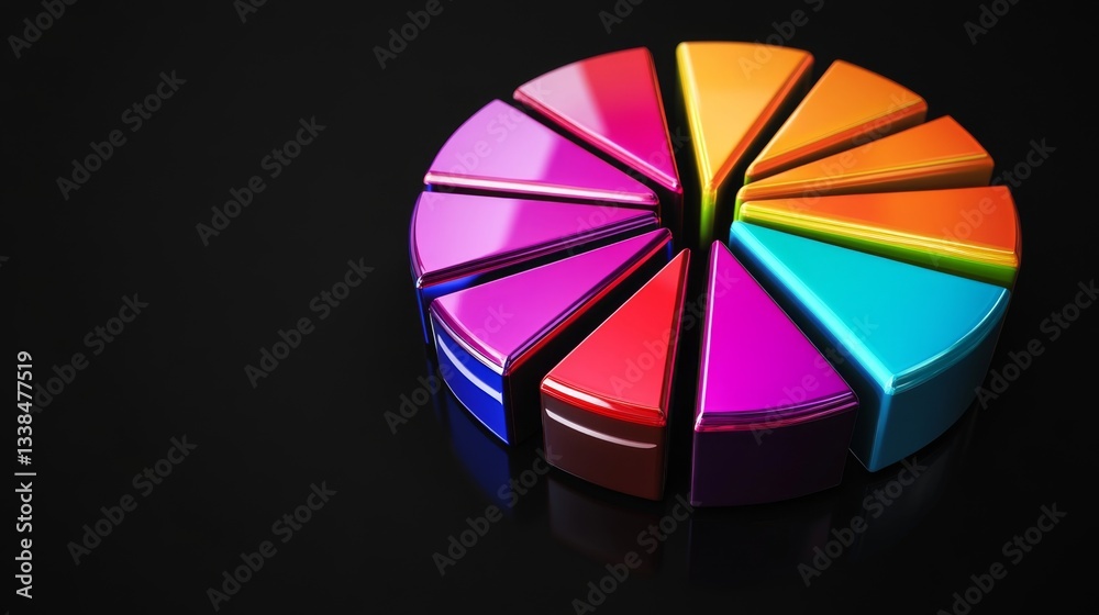 Poster A vibrant D pie chart showcasing financial data, with glossy slices in various colors, set against a sleek black background, emphasizing data representation.