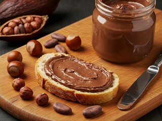 Delicious chocolate hazelnut spread on bread and scattered ingredients shown