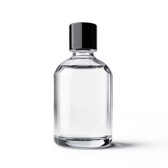 Clear glass bottle with black cap, ideal for showcasing fragrances or liquids, commercial