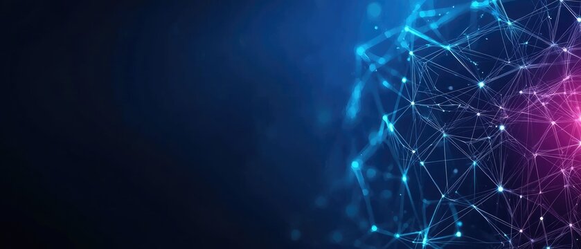 A digital network graphic featuring interconnected nodes and lines, illuminated in blue and pink tones against a dark background.