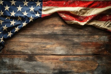 A flag of the United States displayed on a wooden surface