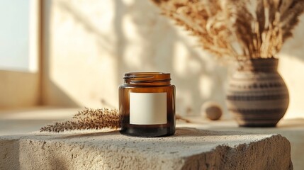 Candle Mock-up template in modern minimalist aesthetic. Organic template for product showcase with copy space. Bohemian stationery for local business with place for text.