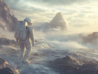 Astronaut walks on rocky terrain, wearing spacesuit and helmet