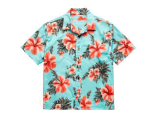 Floral short-sleeve shirt in vibrant turquoise with red flowers