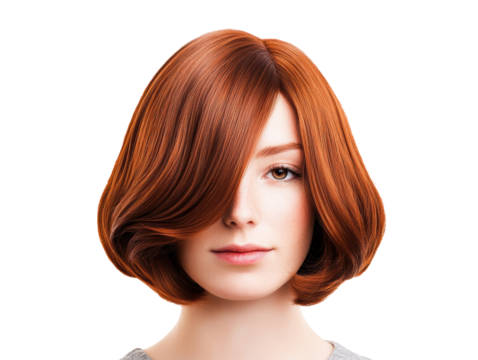 Red bob hairstyle with side-swept bangs for modern look on a transparent background, cut out