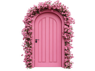 Charming pink door adorned with vibrant blossoms in springtime on a transparent background, cut out