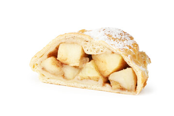 Piece of tasty apple strudel with powdered sugar isolated on white
