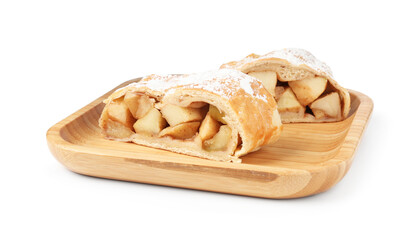 Pieces of tasty apple strudel with powdered sugar isolated on white