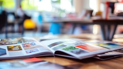 A table with several open magazines and leaflets on it, featuring various advertising images and text. The background is blurred, 