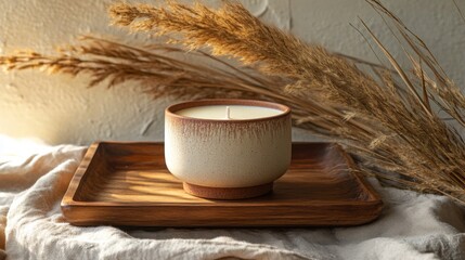 Candle Mock-up template in modern minimalist aesthetic. Organic template for product showcase with copy space. Bohemian stationery for local business with place for text.