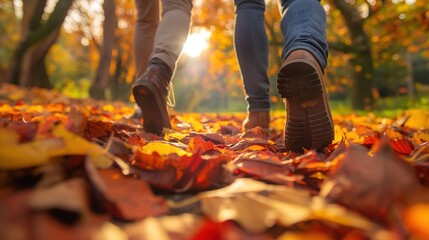 Two people walking on a path covered with colorful autumn leaves.