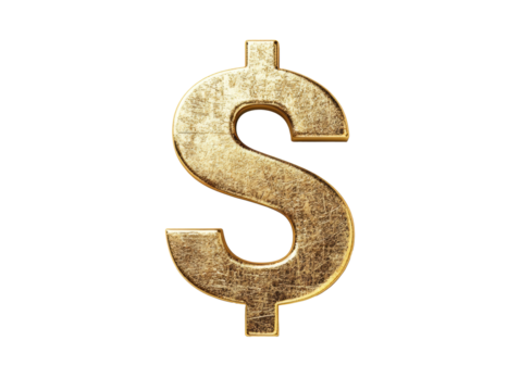 Golden dollar sign symbolizing wealth and prosperity in finance on a transparent background, cut out