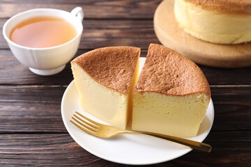 Pieces of tasty Japanese Castella sponge cake, tea and fork on wooden table, closeup