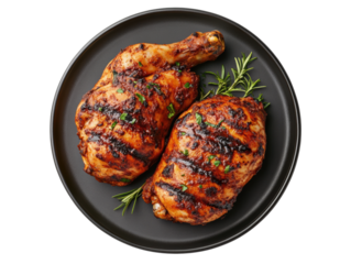 Grilled chicken thighs served on a black plate with herbs on a transparent background, cut out
