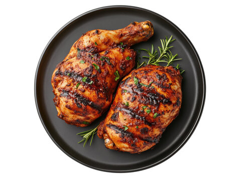 Grilled chicken thighs served on a black plate with herbs on a transparent background, cut out
