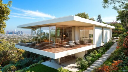 Fototapeta premium A modern white house with a cantilevered balcony and floor-to-ceiling windows, overlooking a breathtaking cityscape.