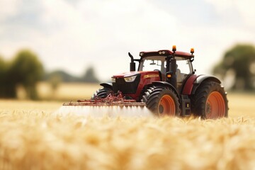 Fototapeta premium A red tractor sits in a field of golden wheat, ready for work