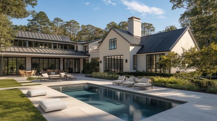 Naklejka premium A serene countryside modern home with a cozy pool, elegant patio seating, and lush greenery all around.