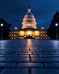 Illuminated Capitol Building at Dusk, A View from the Brick Paved Pathway, Symbolizing Governance