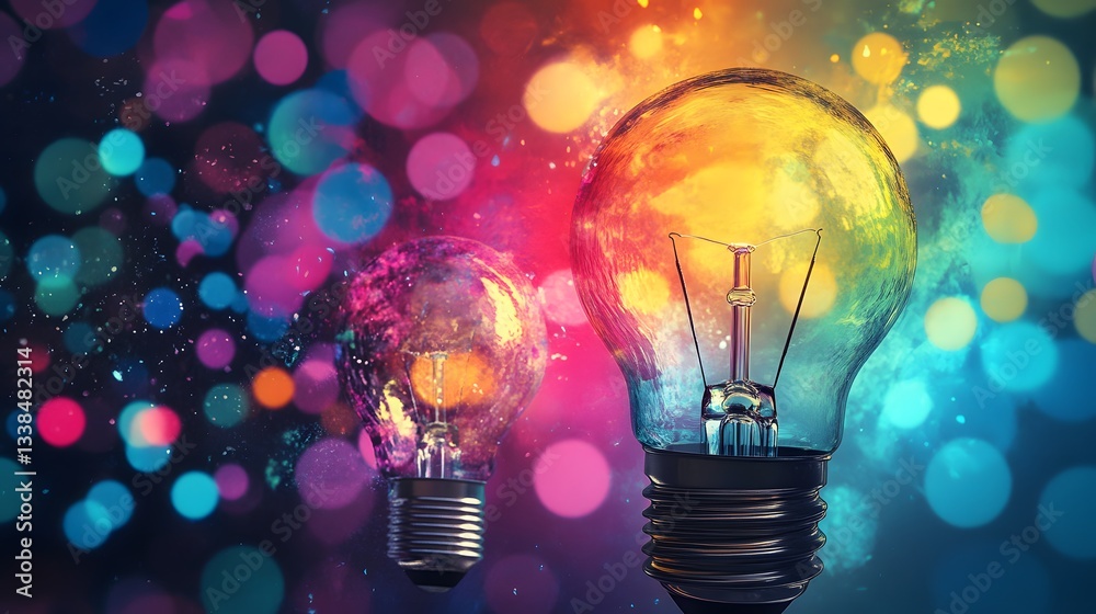Poster colorful light bulbs shining with creative ideas on a bokeh background