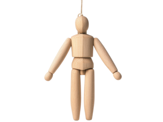 Wooden mannequin hanging in a creative workspace on a transparent background, cut out