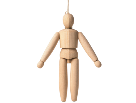 Wooden mannequin hanging in a creative workspace on a transparent background, cut out
