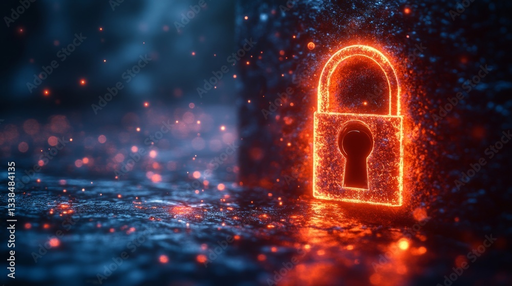 Poster A digital padlock glows with vibrant orange light, surrounded by a mystical atmosphere filled with floating particles. This symbolizes advancements in quantum encryption technology for security.