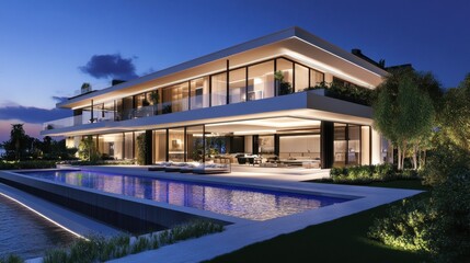 A sleek modern residence with a unique floating pool design, lush plants, and elegant exterior architecture.