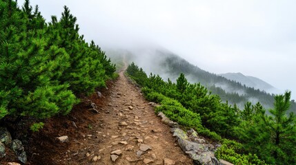 Misty mountains scenic view landscapes idea. A serene trail through misty mountains, surrounded by lush greenery.