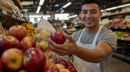 Salesman holding apple in supermarket.