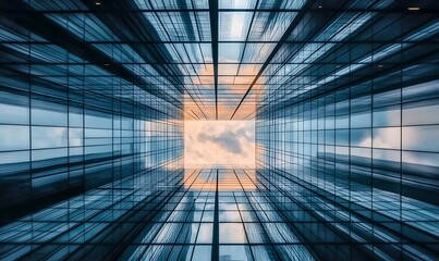 Abstract modern glass office building in downtown, view from below