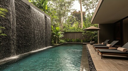 A sleek two-story house with a private pool, elegant water features, and a stylish outdoor lounge.