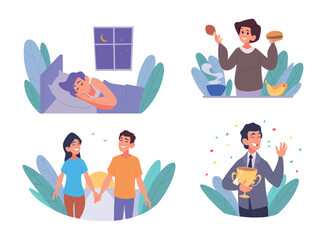 Human needs. Concept illustrations of basic need for people exact vector psychology illustrations persons relax dance love work eating