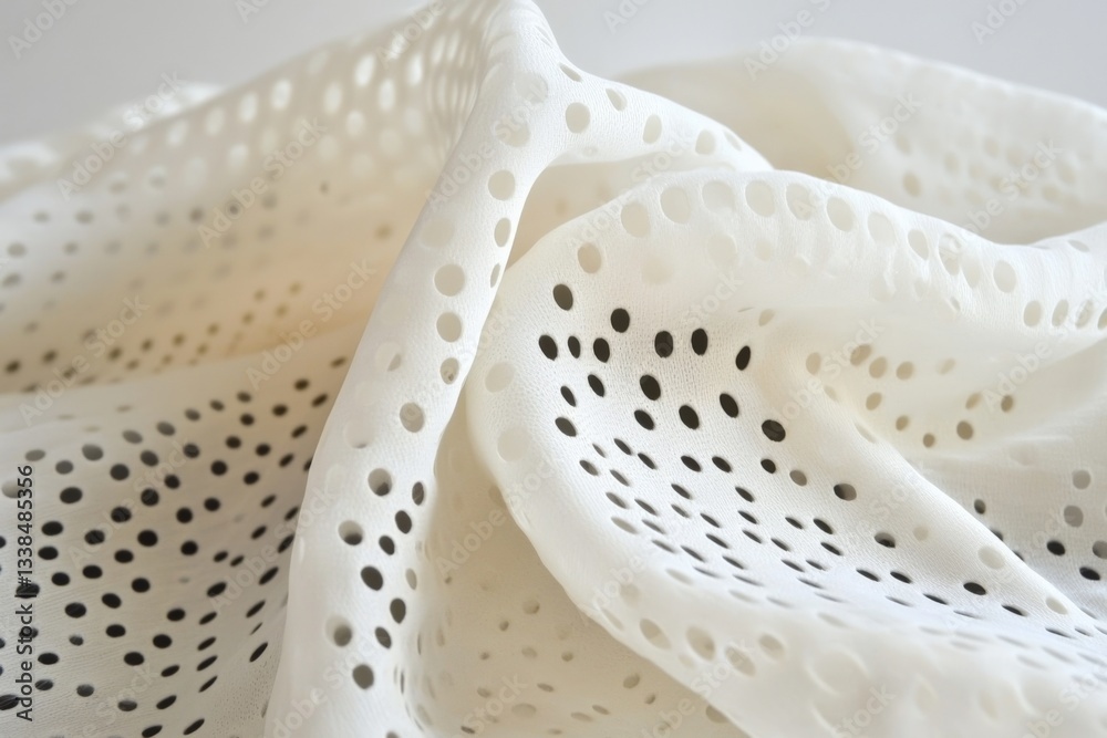 Poster delicate white fabric with intricate perforations resting gracefully on a soft surface during daylig