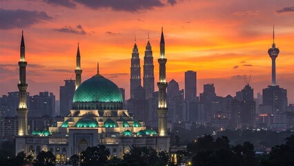 Obraz premium A Mosque And Cityscape Silhouetted Against A Vibrant Sunset Sky