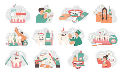 Naklejka premium Dental hygiene. Medical illustrations of oral care teeth cleaning daily routine recent vector template set in flat style