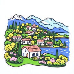 Fototapeta premium Charming Colorful Village Surrounded by Mountains and Lush Green Nature with Serene Water View