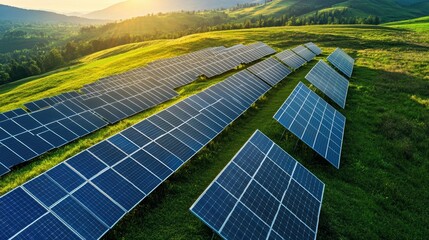 Aerial View of Solar Panels on Lush Green Grassland