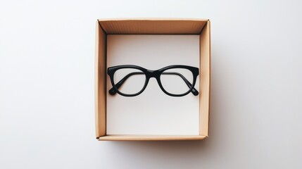 A square, open-top box containing a pair of trendy eyeglasses on a crisp white background