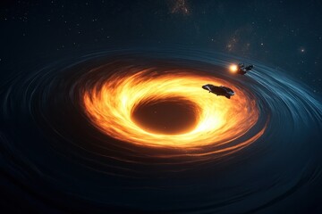 Spacecraft navigating near a massive black hole in a vibrant cosmic environment