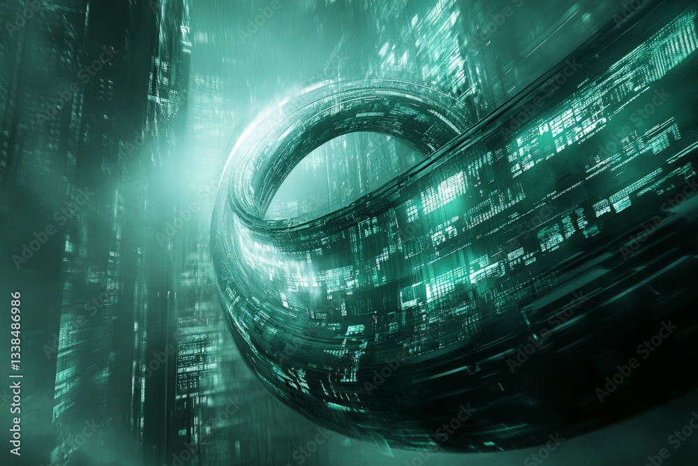 Poster digital landscape with swirling green data structures in a futuristic cityscape at night