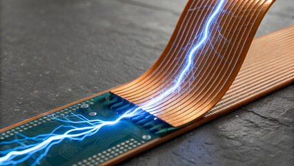 flexible circuit board wiring Circuit board with electric current flowing through flexible copper connections.