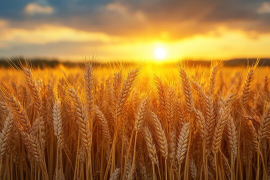 Golden wheat field under sunset sky captures peaceful rural farming life in late summer